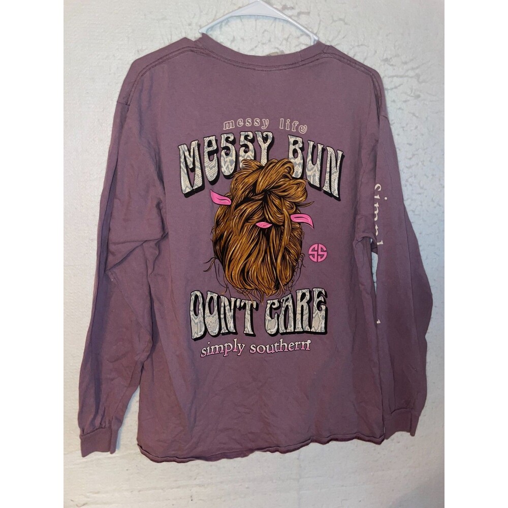 Simply Southern Long Sleeve Tee Messy Bun Don’t Care Women's L Purple T-shirt
